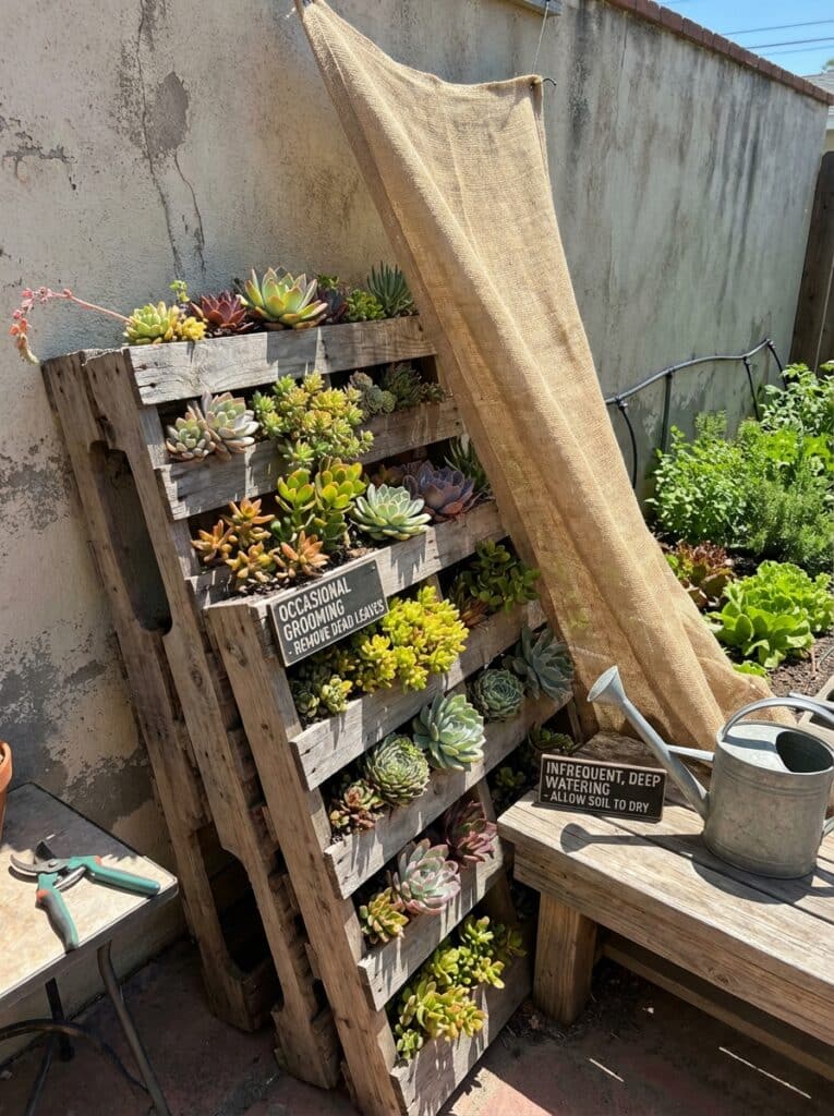 ai-photo-studio-1766678283723-1 Vertical pallet garden with colorful succulents, burlap shade, and watering can in a sunny backyard. Signs for grooming and watering tips. | Sky Rye Design Vertical pallet garden with colorful succulents, burlap shade, and watering can in a sunny backyard. Signs for grooming and watering tips.
