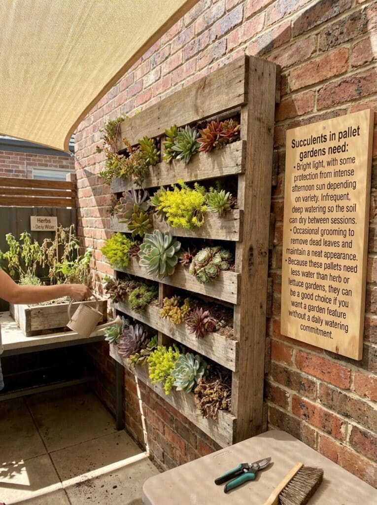 ai-photo-studio-1766678285498-2 Vertical pallet garden with succulents on a sunny patio, accompanied by care instructions on a wooden sign. | Sky Rye Design Vertical pallet garden with succulents on a sunny patio, accompanied by care instructions on a wooden sign.