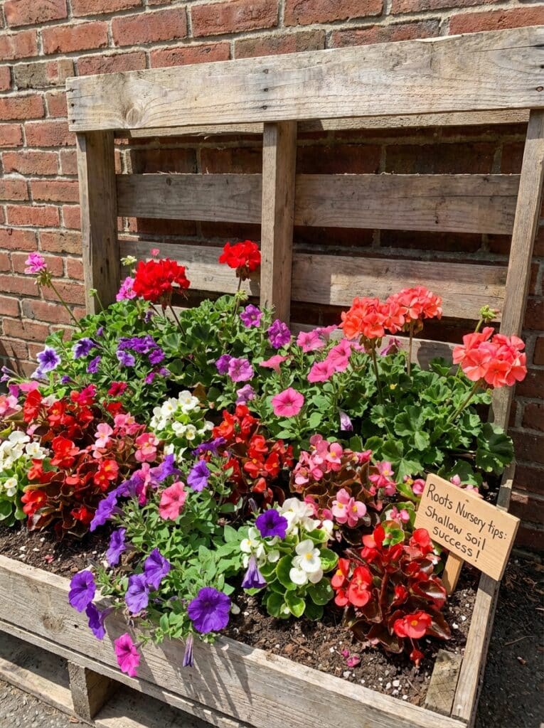 ai-photo-studio-1766678485357-1 Vibrant flowers in a wooden planter with a sign, Roots Nursery tips: Shallow soil, success! against a rustic brick wall background. | Sky Rye Design Vibrant flowers in a wooden planter with a sign, Roots Nursery tips: Shallow soil, success! against a rustic brick wall background.