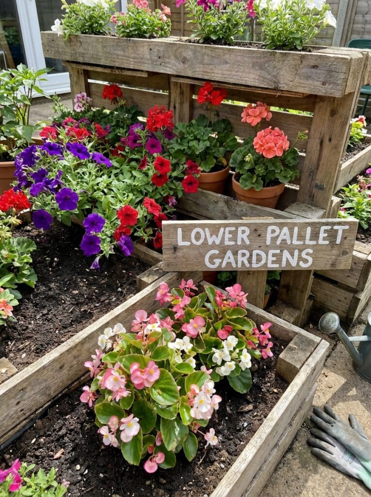 ai-photo-studio-1766678486788-2 Vibrant flowers bloom in a rustic wooden pallet garden labeled Lower Pallet Gardens, with gardening gloves and a watering can nearby. | Sky Rye Design Vibrant flowers bloom in a rustic wooden pallet garden labeled Lower Pallet Gardens, with gardening gloves and a watering can nearby.