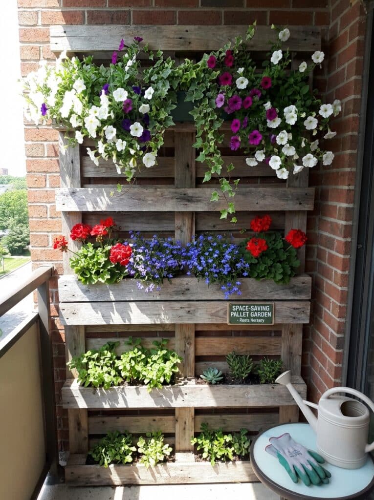 ai-photo-studio-1766678599701-2 Vertical pallet garden with colorful flowers on a balcony. Includes a watering can and gloves, ideal for small space gardening. | Sky Rye Design Vertical pallet garden with colorful flowers on a balcony. Includes a watering can and gloves, ideal for small space gardening.