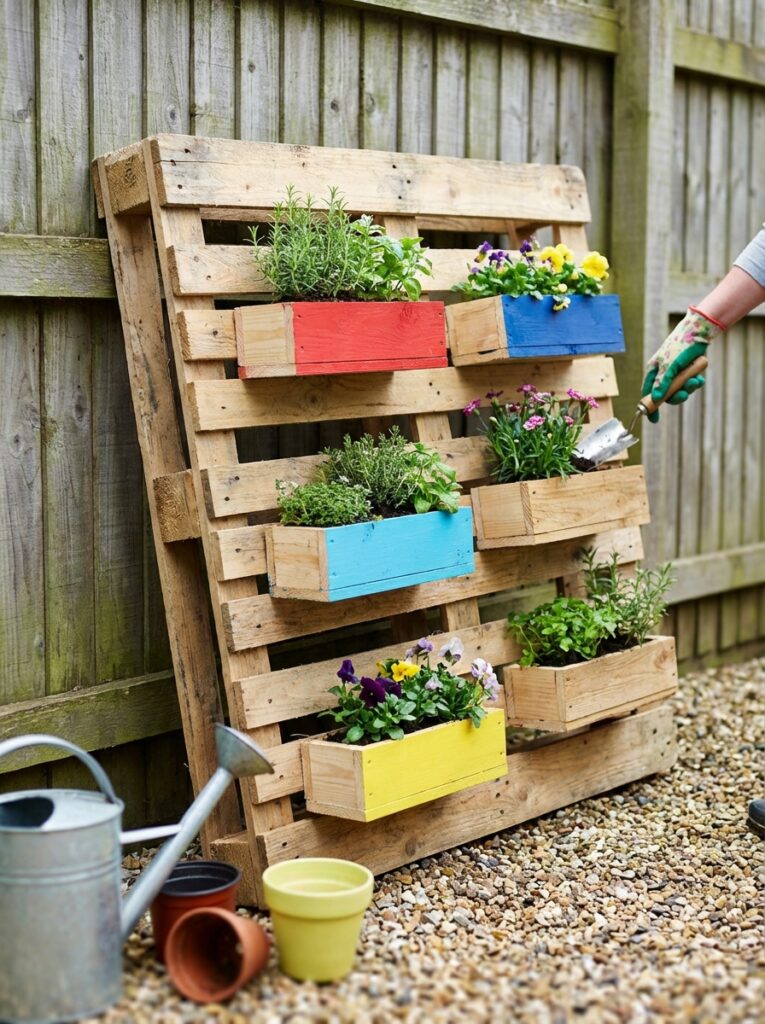 ai-photo-studio-1766678656739-1 DIY vertical pallet garden with colorful planters, herbs, and flowers. Ideal for small spaces. Gardening tools and pots around. | Sky Rye Design DIY vertical pallet garden with colorful planters, herbs, and flowers. Ideal for small spaces. Gardening tools and pots around.