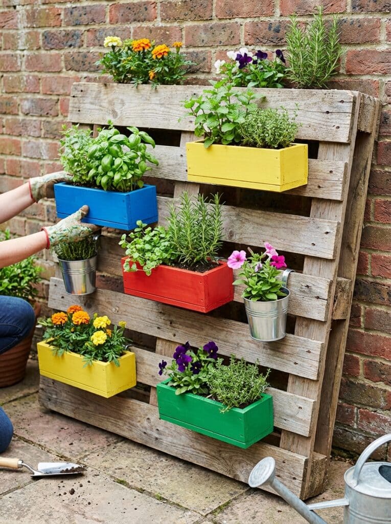 ai-photo-studio-1766678657806-2 Colorful vertical pallet garden with vibrant flowers and herbs, perfect for small spaces. Gardening equipment and brick wall in the background. | Sky Rye Design Colorful vertical pallet garden with vibrant flowers and herbs, perfect for small spaces. Gardening equipment and brick wall in the background.