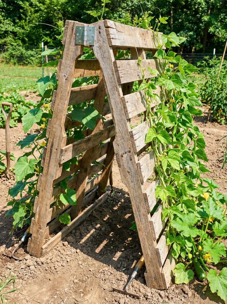 ai-photo-studio-1766678710815-2 DIY garden trellis made from wooden pallets supporting climbing plants in a sunny vegetable garden. | Sky Rye Design DIY garden trellis made from wooden pallets supporting climbing plants in a sunny vegetable garden.