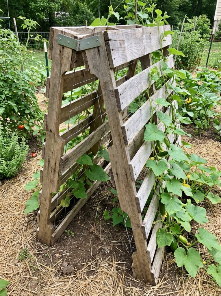 ai-photo-studio-1766678767955-2 DIY garden trellis made from wooden pallets supporting climbing plants, enhancing vertical gardening in a lush vegetable patch. | Sky Rye Design DIY garden trellis made from wooden pallets supporting climbing plants, enhancing vertical gardening in a lush vegetable patch.