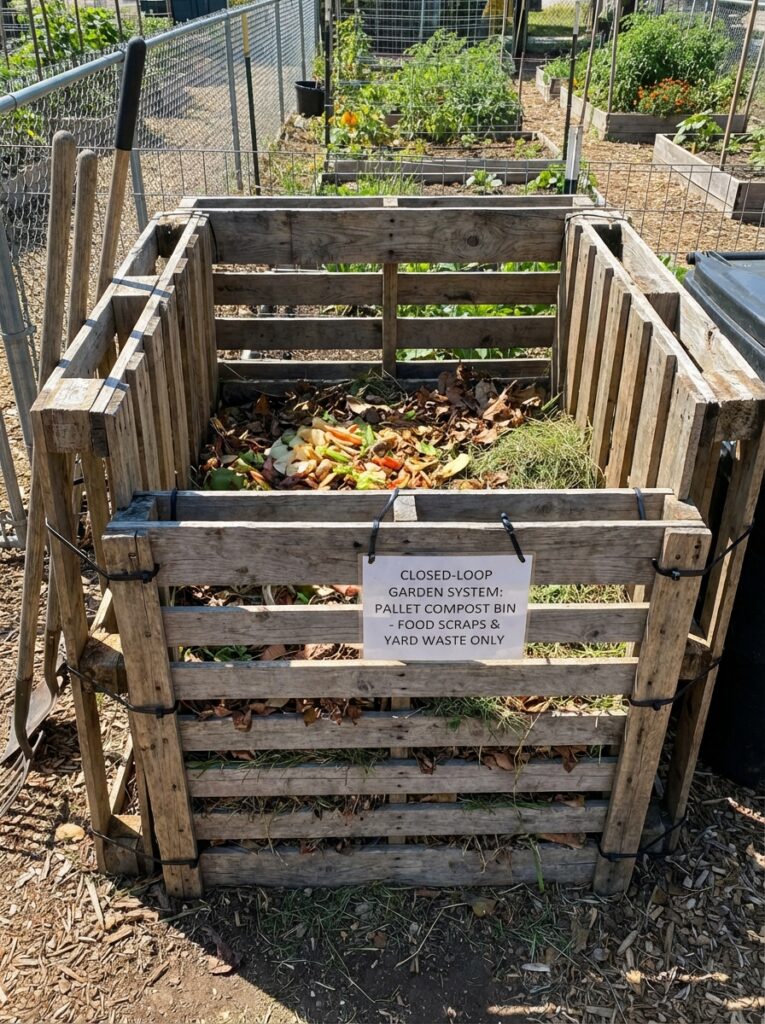 ai-photo-studio-1766678834061-1 Wooden pallet compost bin in a garden, filled with food scraps and yard waste, promoting sustainable waste management practices. | Sky Rye Design Wooden pallet compost bin in a garden, filled with food scraps and yard waste, promoting sustainable waste management practices.
