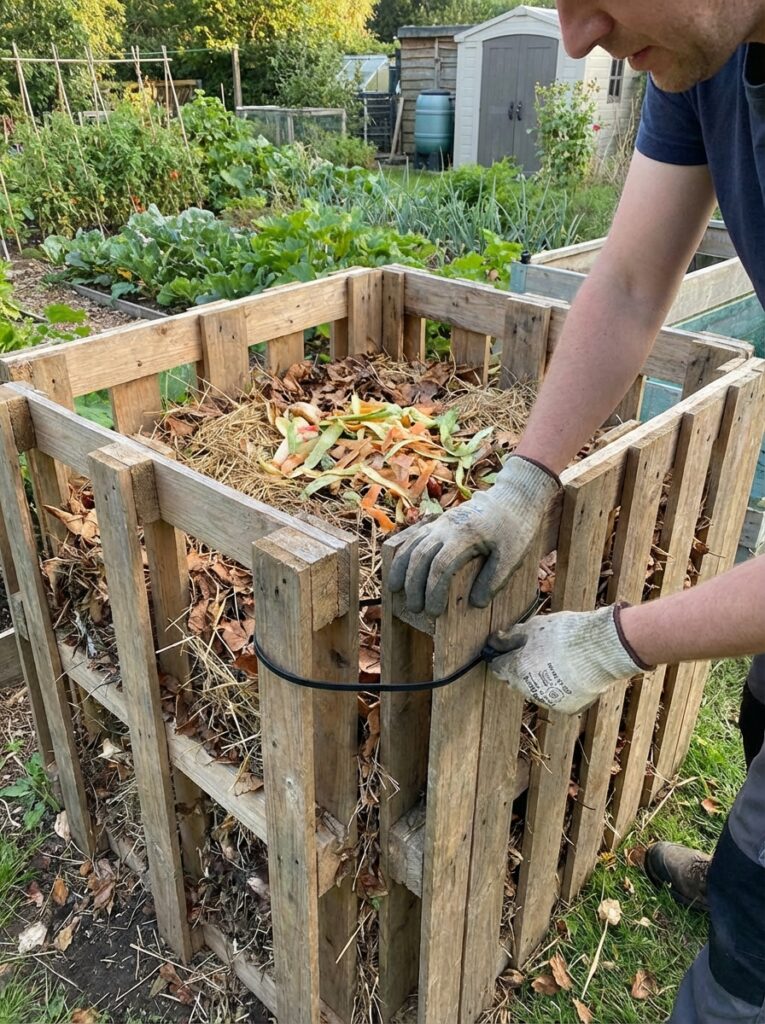 ai-photo-studio-1766678836205-2 Person assembling a wooden compost bin full of leaves and organic waste in a garden, promoting sustainable gardening practices. | Sky Rye Design Person assembling a wooden compost bin full of leaves and organic waste in a garden, promoting sustainable gardening practices.
