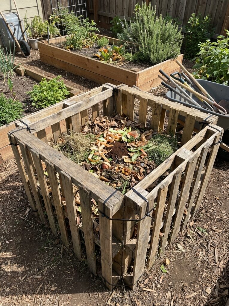 ai-photo-studio-1766701061363-1 Wooden compost bin filled with organic waste in a garden, surrounded by raised beds and gardening tools. Eco-friendly gardening setup. | Sky Rye Design Wooden compost bin filled with organic waste in a garden, surrounded by raised beds and gardening tools. Eco-friendly gardening setup.