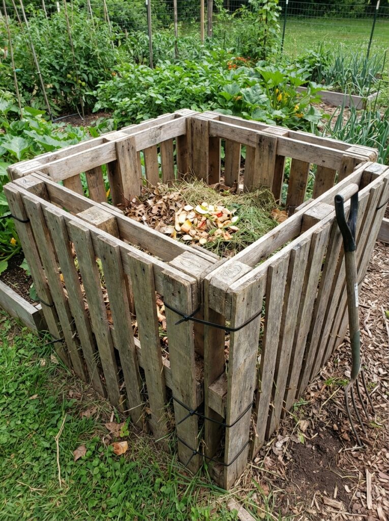 ai-photo-studio-1766701063358-2 Compost bin in a garden with organic waste, surrounded by green plants, highlighting sustainable gardening and recycling practices. | Sky Rye Design Compost bin in a garden with organic waste, surrounded by green plants, highlighting sustainable gardening and recycling practices.