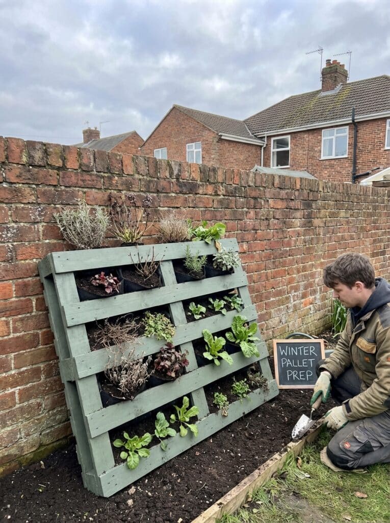 ai-photo-studio-1766701107978-1 Man kneeling, preparing a vertical pallet garden for winter planting, with a sign reading Winter Pallet Prep against a brick wall. | Sky Rye Design Man kneeling, preparing a vertical pallet garden for winter planting, with a sign reading Winter Pallet Prep against a brick wall.