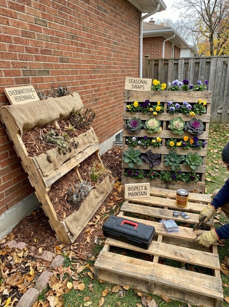 ai-photo-studio-1766701110328-2 Vertical pallet garden with seasonal flowers and overwintering perennials, alongside tools for inspection and maintenance in autumn. | Sky Rye Design Vertical pallet garden with seasonal flowers and overwintering perennials, alongside tools for inspection and maintenance in autumn.