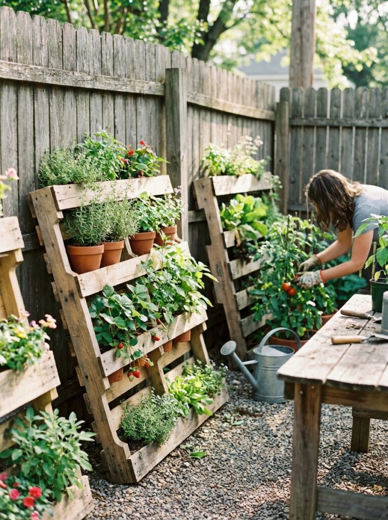 ai-photo-studio-1766701171676-1 Gardener tending to vegetable plants in a DIY pallet garden, surrounded by lush greenery and rustic wooden tables, sunny backyard. | Sky Rye Design Gardener tending to vegetable plants in a DIY pallet garden, surrounded by lush greenery and rustic wooden tables, sunny backyard.
