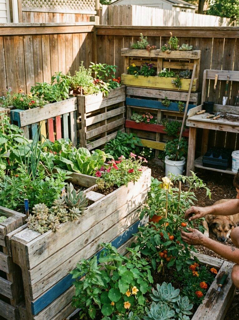 ai-photo-studio-1766701173691-2 Urban garden using wooden pallets with various plants and flowers. Person harvesting tomatoes. Sustainable gardening concept. | Sky Rye Design Urban garden using wooden pallets with various plants and flowers. Person harvesting tomatoes. Sustainable gardening concept.