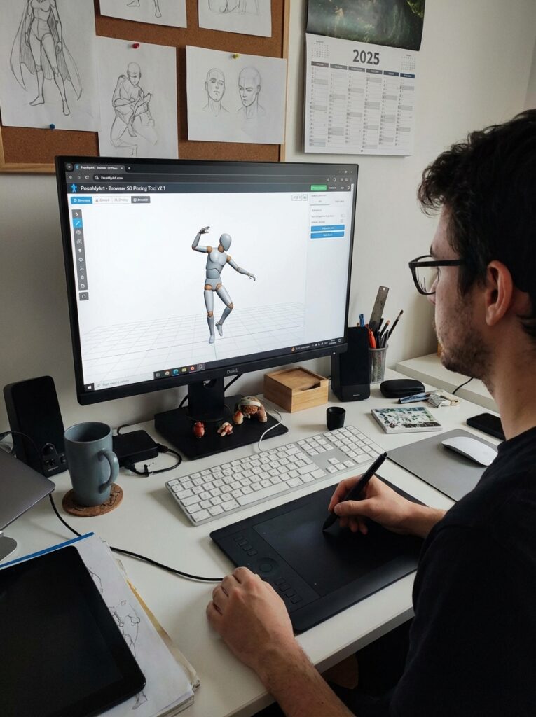 ai-photo-studio-1766758962452-1 Person using a digital tablet to sketch 3D model on PC in art studio, surrounded by sketches and tools. | Sky Rye Design Person using a digital tablet to sketch 3D model on PC in art studio, surrounded by sketches and tools.