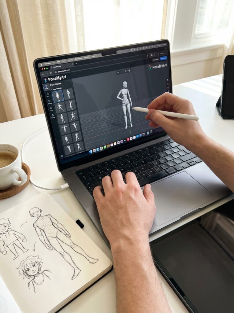 ai-photo-studio-1766758963719-2 Person designing 3D character poses on a laptop with PoseMyArt software, sketchbook and coffee cup on desk. | Sky Rye Design Person designing 3D character poses on a laptop with PoseMyArt software, sketchbook and coffee cup on desk.