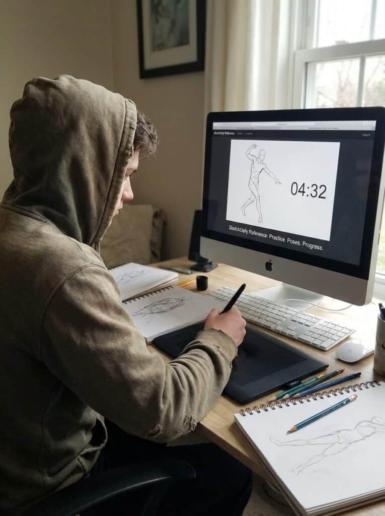 ai-photo-studio-1766759006450-1 Artist practicing figure drawing with a digital tablet and sketchbook, timing poses on a computer for improvement and creativity. | Sky Rye Design Artist practicing figure drawing with a digital tablet and sketchbook, timing poses on a computer for improvement and creativity.