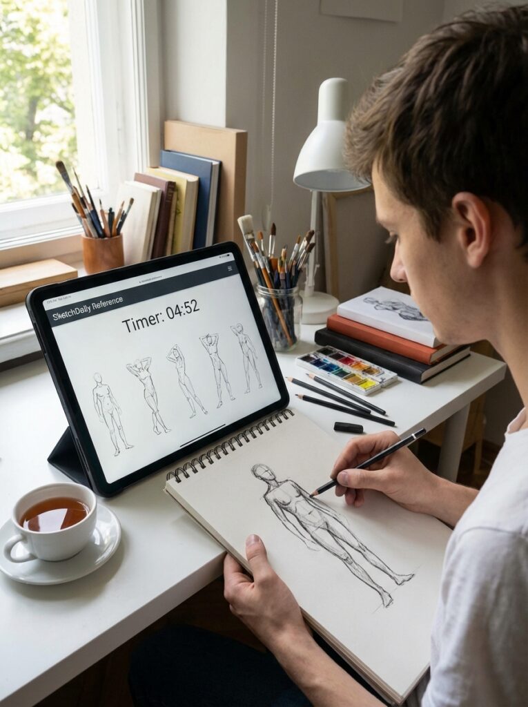 ai-photo-studio-1766759008602-2 Artist sketching a human figure at a desk with a digital reference on tablet, surrounded by art supplies and a cup of tea. | Sky Rye Design Artist sketching a human figure at a desk with a digital reference on tablet, surrounded by art supplies and a cup of tea.