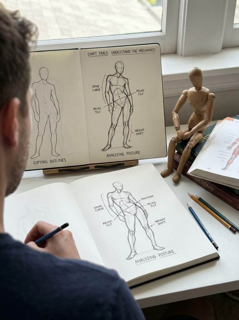 ai-photo-studio-1766759098852-2 Artist sketching human figure studies in a notebook, focusing on anatomy and posture analysis, with books and a mannequin nearby. | Sky Rye Design Artist sketching human figure studies in a notebook, focusing on anatomy and posture analysis, with books and a mannequin nearby.