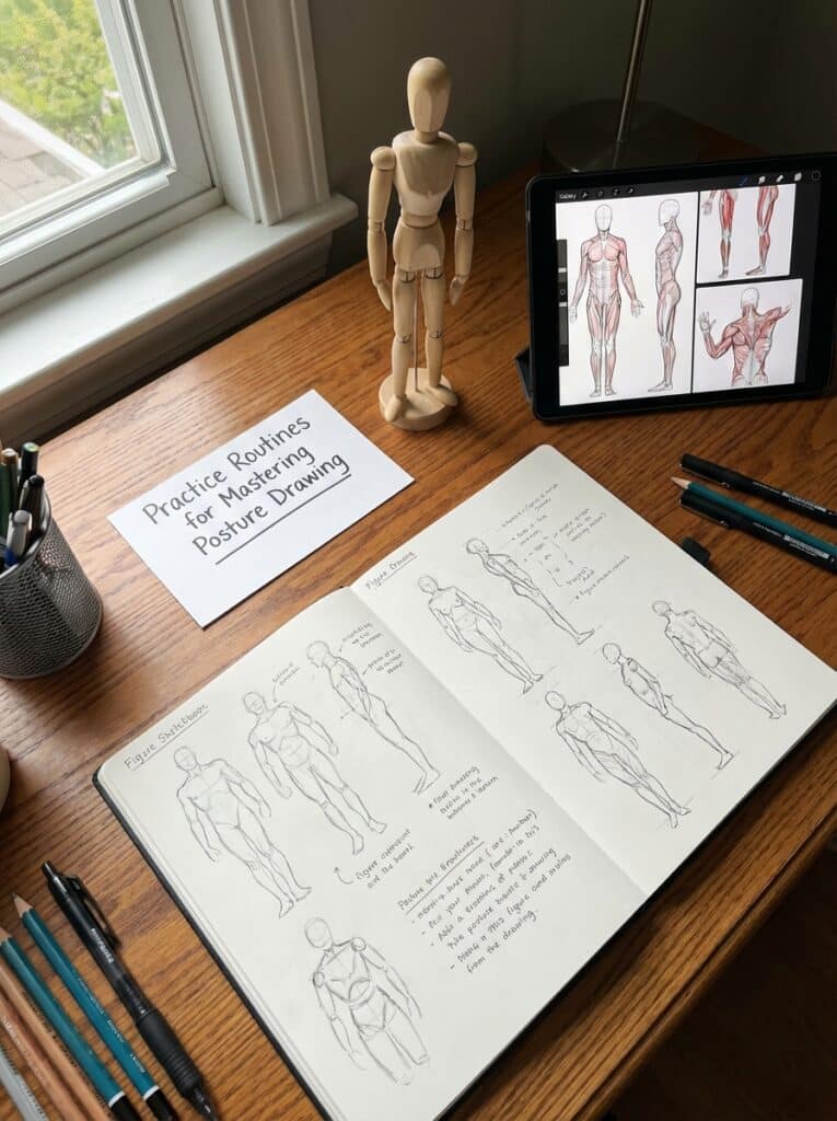 ai-photo-studio-1766759163851-1 Wooden mannequin and sketchbook with figure drawings on a desk, illustrating posture drawing techniques for artists. | Sky Rye Design Wooden mannequin and sketchbook with figure drawings on a desk, illustrating posture drawing techniques for artists.