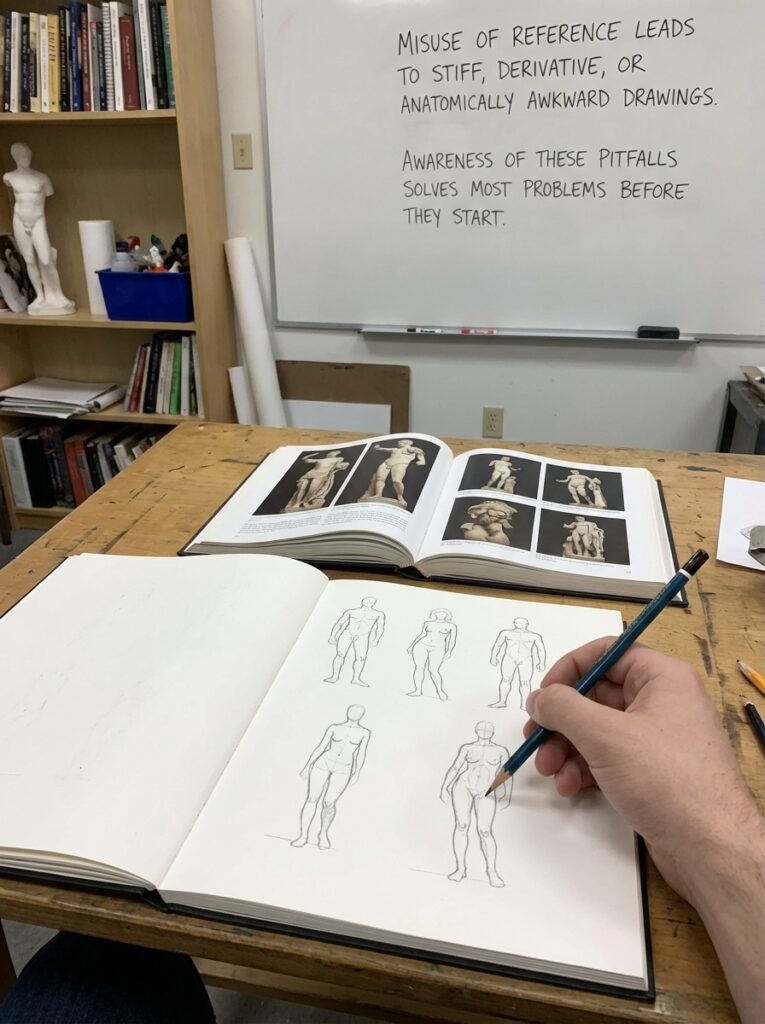ai-photo-studio-1766759219301-1 Artist sketching human figures with reference books and a whiteboard discussing drawing pitfalls in an art studio setting. | Sky Rye Design Artist sketching human figures with reference books and a whiteboard discussing drawing pitfalls in an art studio setting.