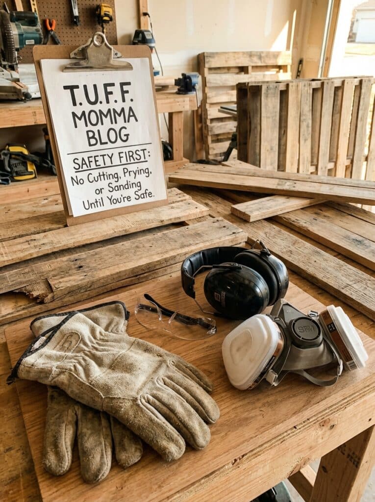 ai-photo-studio-1766940138958-1 Safety gear in a woodworking shop with a clipboard reading T.U.F.F. Momma Blog: Safety First on a wooden workbench. | Sky Rye Design Safety gear in a woodworking shop with a clipboard reading T.U.F.F. Momma Blog: Safety First on a wooden workbench.