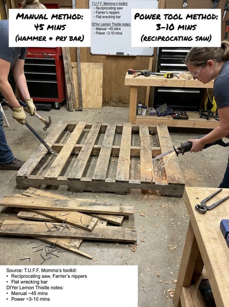 ai-photo-studio-1766940185426-1 Two people dismantling a wooden pallet using manual tools and a reciprocating saw, comparing methods and time efficiency. | Sky Rye Design Two people dismantling a wooden pallet using manual tools and a reciprocating saw, comparing methods and time efficiency.