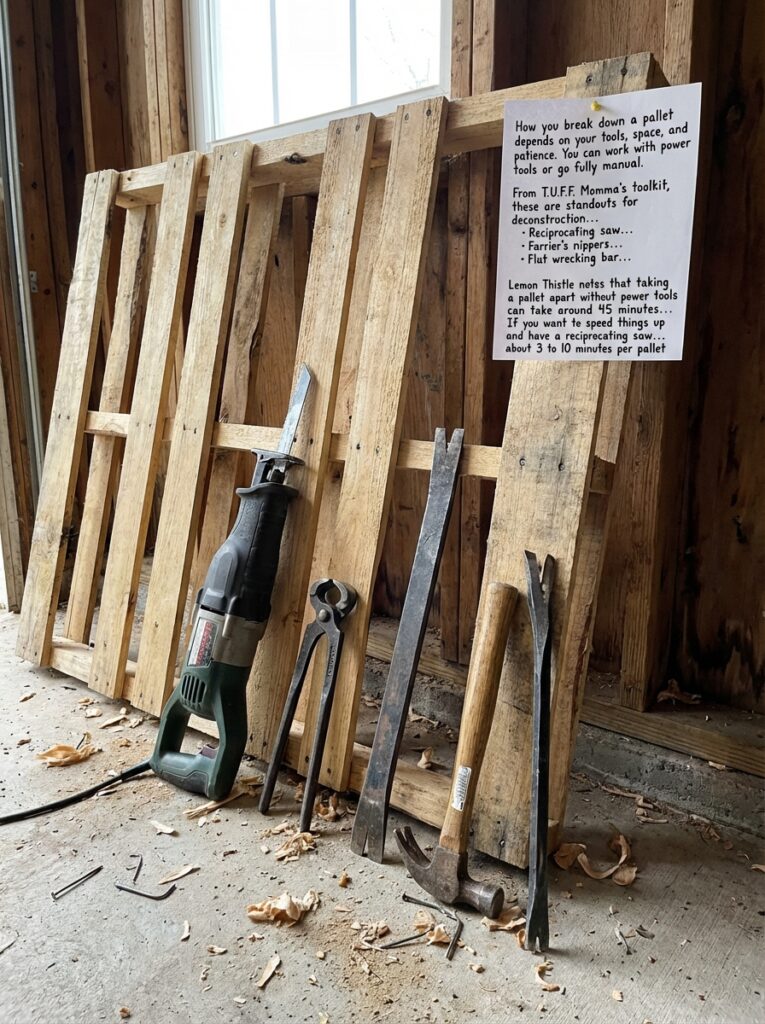 ai-photo-studio-1766940186746-2 Tools for dismantling pallets: a reciprocating saw, farrier’s nippers, and a flat wrecking bar, leaning against wooden pallets. | Sky Rye Design Tools for dismantling pallets: a reciprocating saw, farrier’s nippers, and a flat wrecking bar, leaning against wooden pallets.