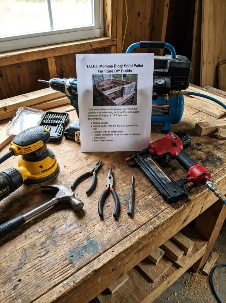 ai-photo-studio-1766940235775-2 Woodworking tools on a workbench for DIY pallet furniture, featuring a drill, sander, pliers, hammer, and air compressor. | Sky Rye Design Woodworking tools on a workbench for DIY pallet furniture, featuring a drill, sander, pliers, hammer, and air compressor.