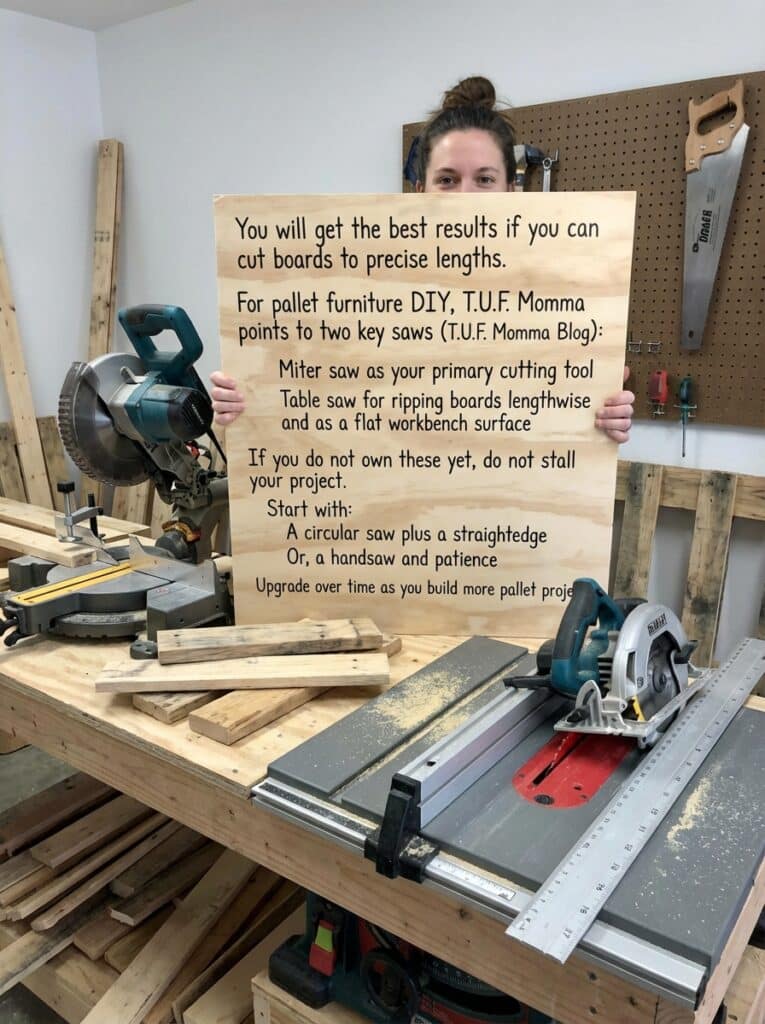 ai-photo-studio-1766940279491-1 Person holding board with DIY pallet furniture tips in workshop, featuring miter and table saws for precise wood cutting. | Sky Rye Design Person holding board with DIY pallet furniture tips in workshop, featuring miter and table saws for precise wood cutting.