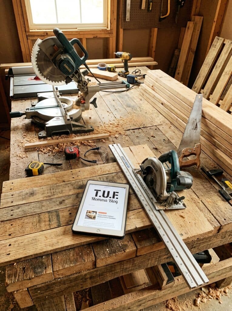 ai-photo-studio-1766940281510-2 Woodworking tools and tablet on workbench in rustic workshop, ideal for DIY crafting, carpentry, construction projects and blogging insight. | Sky Rye Design Woodworking tools and tablet on workbench in rustic workshop, ideal for DIY crafting, carpentry, construction projects and blogging insight.