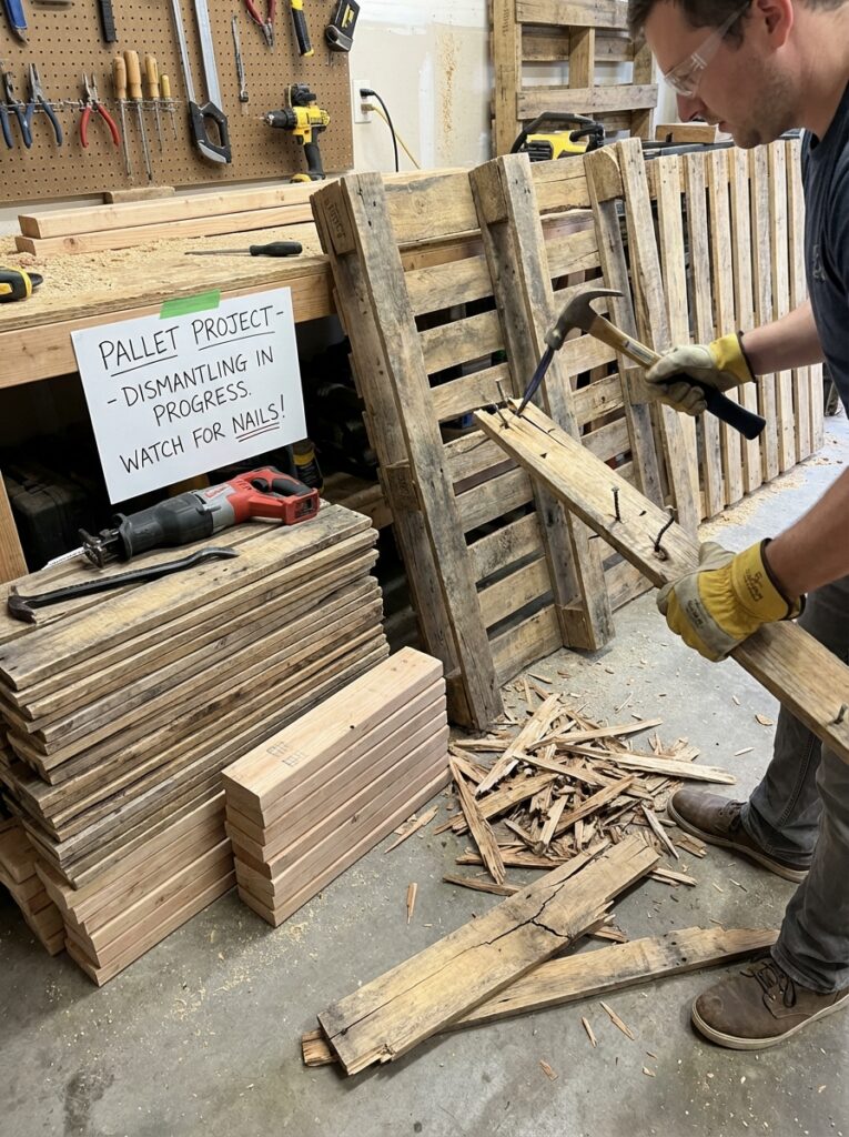 ai-photo-studio-1766940420677-1 Man dismantling wooden pallets with a hammer in a workshop. Pallet Project sign warns of nails. Stacked wood and tools visible. | Sky Rye Design Man dismantling wooden pallets with a hammer in a workshop. Pallet Project sign warns of nails. Stacked wood and tools visible.