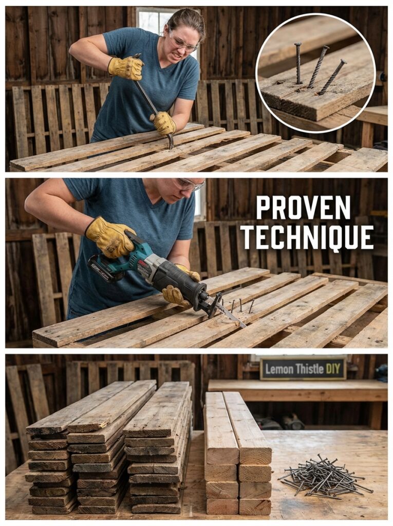 ai-photo-studio-1766940421973-2 Person using tools to dismantle wooden pallets, showcasing a proven DIY technique. Piles of wood and nails visible on a workbench. | Sky Rye Design Person using tools to dismantle wooden pallets, showcasing a proven DIY technique. Piles of wood and nails visible on a workbench.