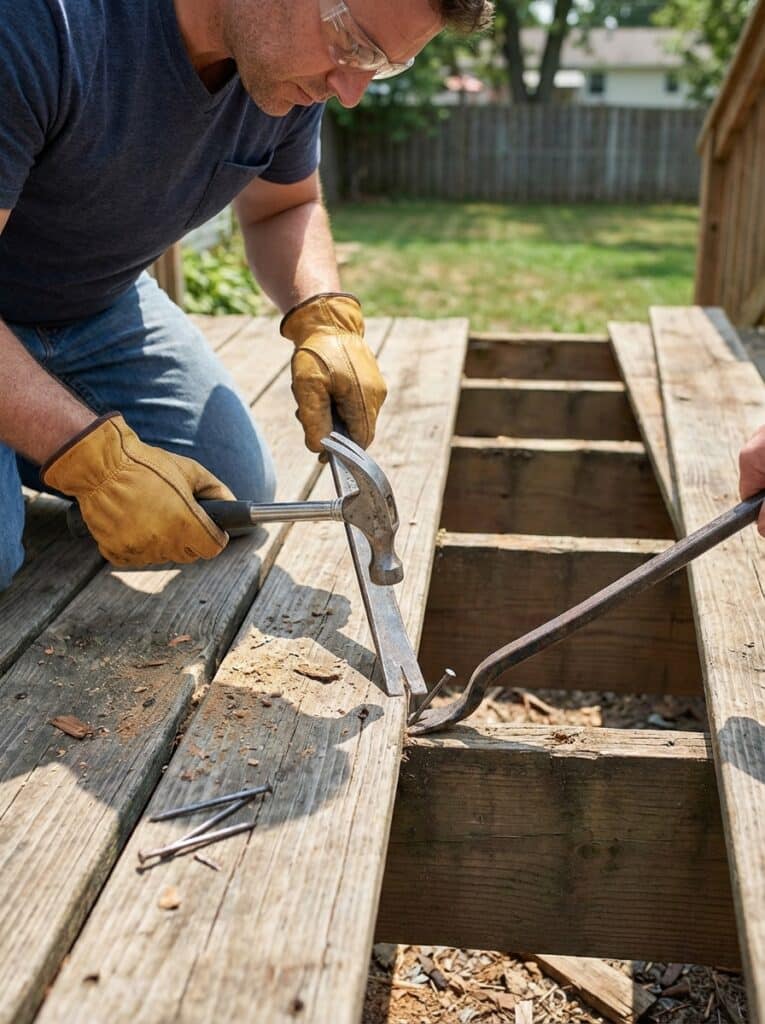 ai-photo-studio-1766940564657-1 Man in gloves using a hammer and pry bar to repair a wooden deck outdoors on a sunny day. | Sky Rye Design Man in gloves using a hammer and pry bar to repair a wooden deck outdoors on a sunny day.