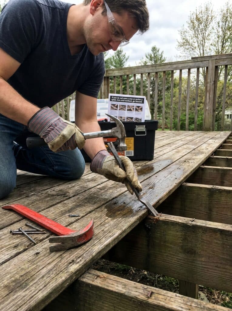 ai-photo-studio-1766940566673-2 Man repairing deck with hammer and chisel. Wearing safety glasses and gloves, focusing on woodworking project outdoors. | Sky Rye Design Man repairing deck with hammer and chisel. Wearing safety glasses and gloves, focusing on woodworking project outdoors.