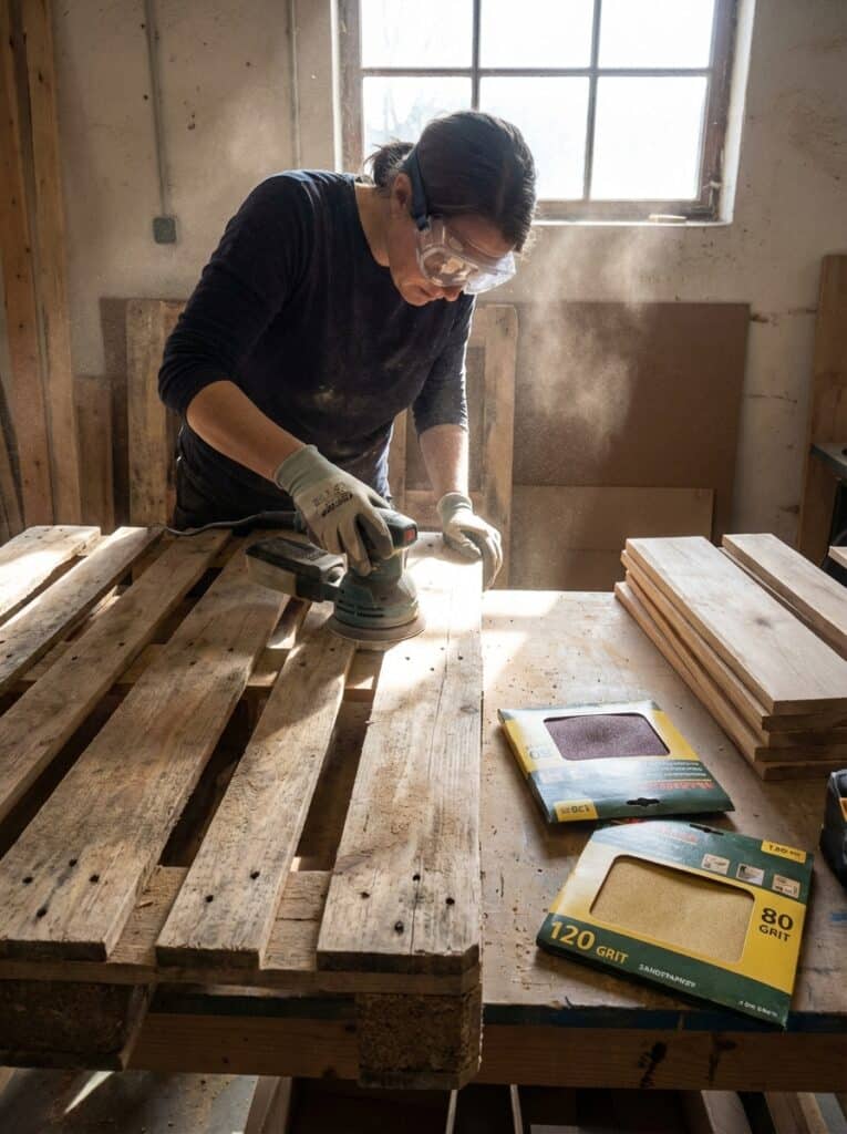 ai-photo-studio-1766940618469-2 Person sanding wooden pallet in workshop with electric sander. Safety goggles and gloves worn. Dust in sunlight enhances effect. | Sky Rye Design Person sanding wooden pallet in workshop with electric sander. Safety goggles and gloves worn. Dust in sunlight enhances effect.