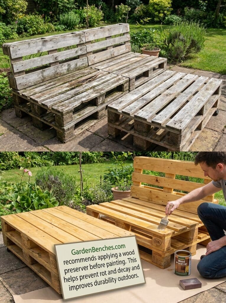ai-photo-studio-1766940674573-2 DIY outdoor pallet furniture project showing before and after wood treatment for durability. Perfect for garden or patio seating. | Sky Rye Design DIY outdoor pallet furniture project showing before and after wood treatment for durability. Perfect for garden or patio seating.
