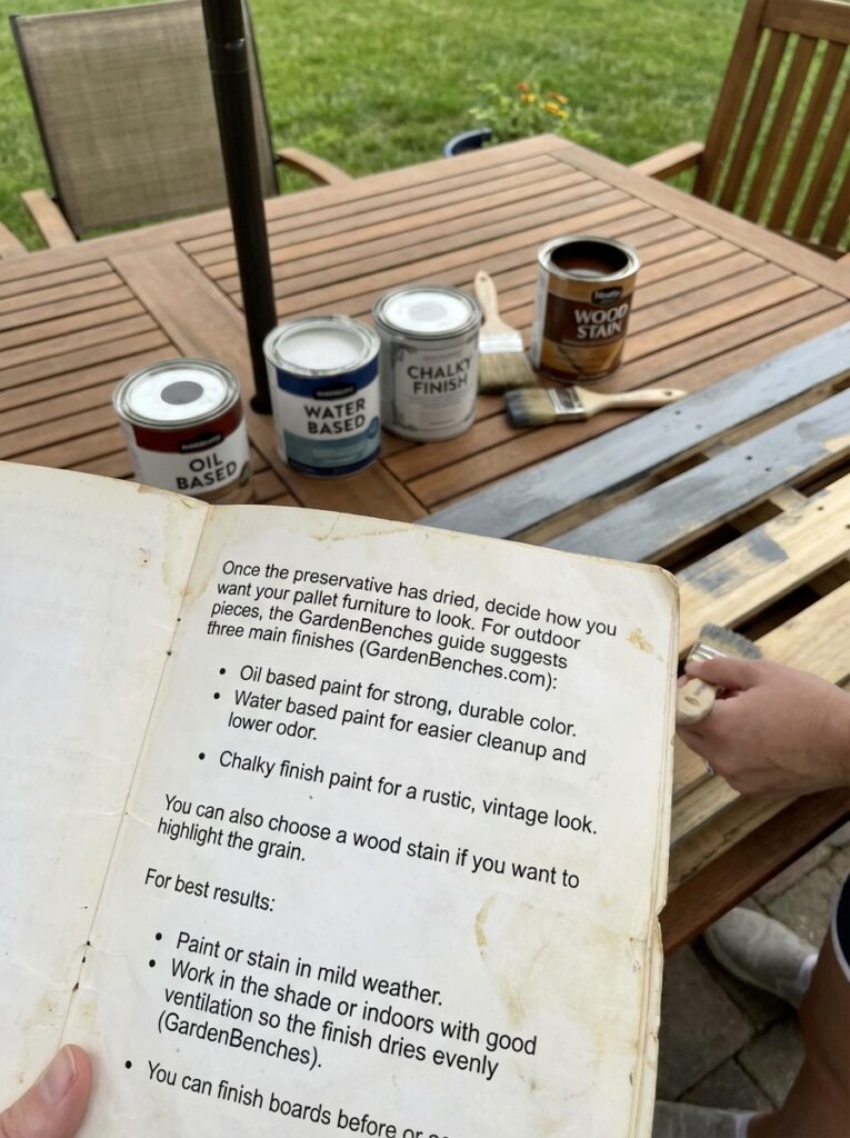 ai-photo-studio-1766940724203-2 Painting supplies and instructions for refinishing wood furniture on a table outdoors, featuring various types of paint and wood stain. | Sky Rye Design Painting supplies and instructions for refinishing wood furniture on a table outdoors, featuring various types of paint and wood stain.