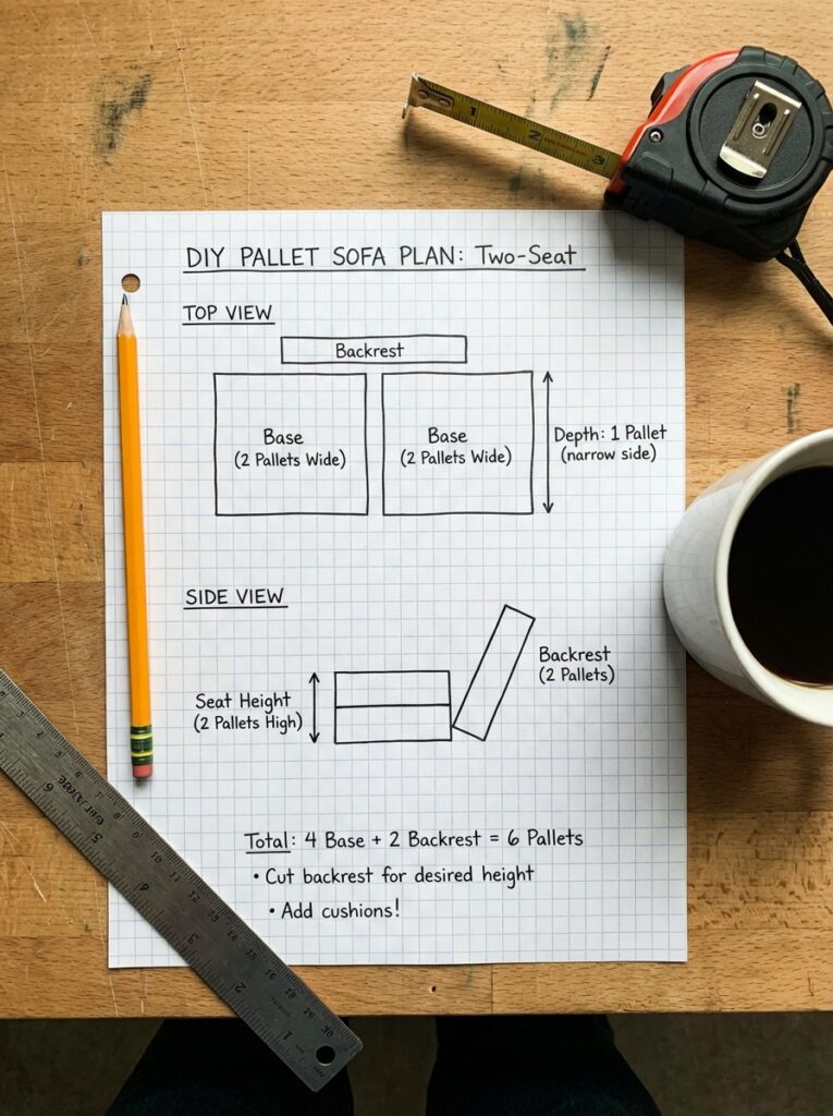 ai-photo-studio-1766940892842-1 DIY pallet sofa plan for a two-seat design with top and side views, pencil, ruler, tape measure, and coffee cup on wooden table. | Sky Rye Design DIY pallet sofa plan for a two-seat design with top and side views, pencil, ruler, tape measure, and coffee cup on wooden table.