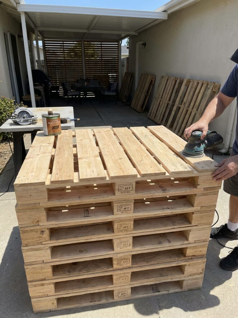 ai-photo-studio-1766940940757-1 Person sanding a stack of wooden pallets in a workshop, preparing them for a DIY project under a covered patio. | Sky Rye Design Person sanding a stack of wooden pallets in a workshop, preparing them for a DIY project under a covered patio.