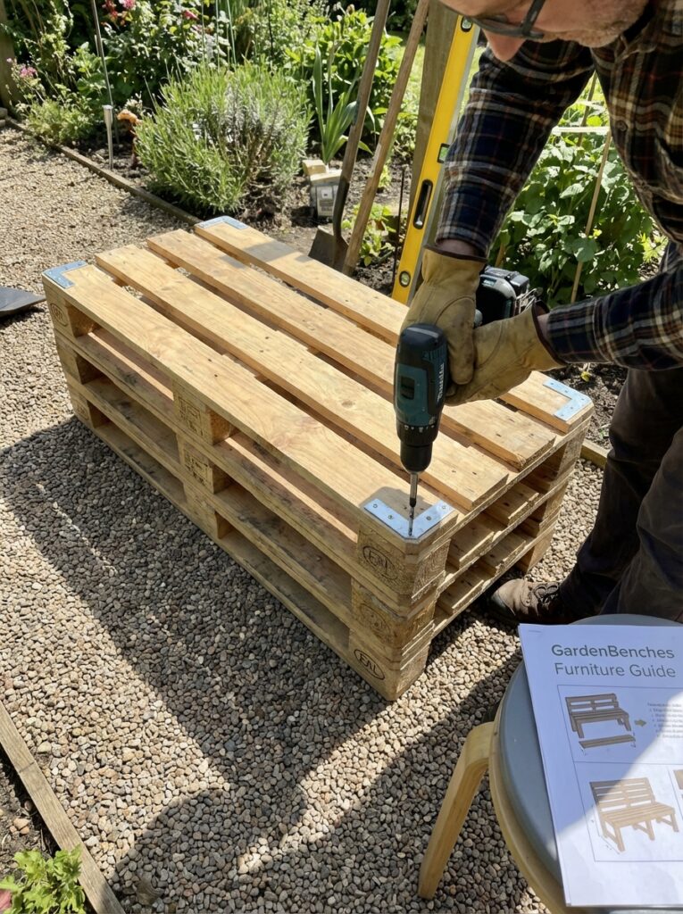 ai-photo-studio-1766940993476-2 Person using drill on wooden pallets in garden; DIY outdoor bench project in progress, with furniture guide on chair. | Sky Rye Design Person using drill on wooden pallets in garden; DIY outdoor bench project in progress, with furniture guide on chair.