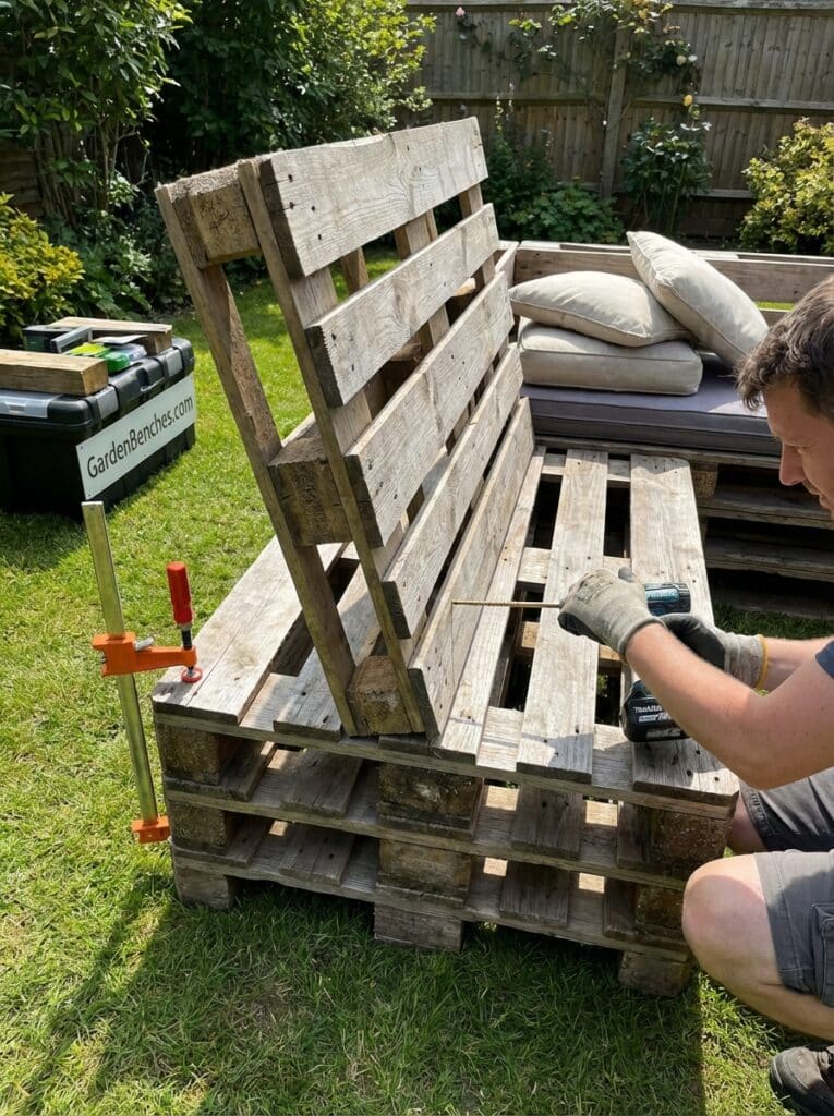 ai-photo-studio-1766941037592-1 Person building a DIY garden bench from wooden pallets in a backyard. Eco-friendly project with tools and cushions nearby. | Sky Rye Design Person building a DIY garden bench from wooden pallets in a backyard. Eco-friendly project with tools and cushions nearby.