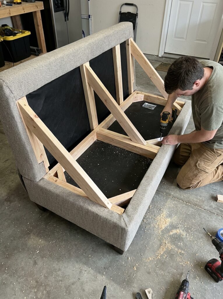 ai-photo-studio-1766941084589-2 Man repairing sofa frame in garage workshop with drill, showcasing DIY furniture repair and woodworking skills. | Sky Rye Design Man repairing sofa frame in garage workshop with drill, showcasing DIY furniture repair and woodworking skills.