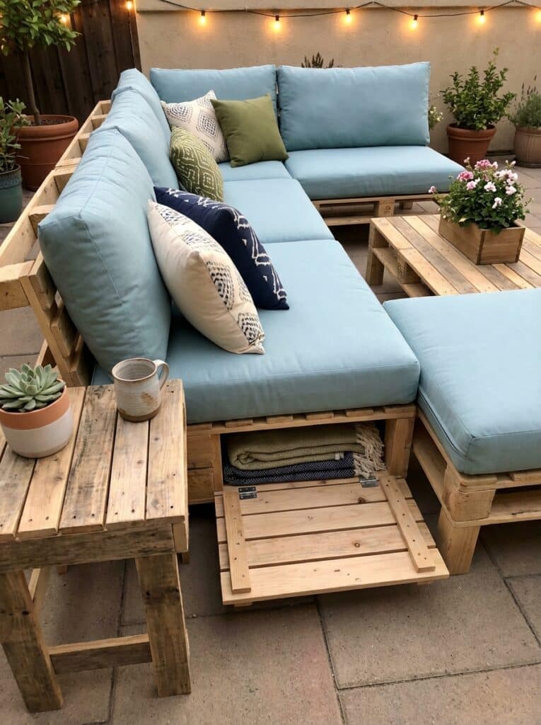 ai-photo-studio-1766941185340-1 Cozy patio with light blue pallet sofa, wooden table, and potted plants, perfect for outdoor relaxation. String lights in the background. | Sky Rye Design Cozy patio with light blue pallet sofa, wooden table, and potted plants, perfect for outdoor relaxation. String lights in the background.