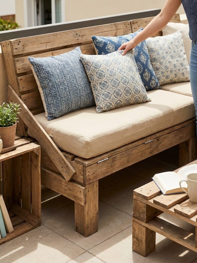 ai-photo-studio-1766941186822-2 Stylish outdoor wood sofa with patterned blue and beige cushions and a side table with plants, books, and coffee for a cozy patio setup. | Sky Rye Design Stylish outdoor wood sofa with patterned blue and beige cushions and a side table with plants, books, and coffee for a cozy patio setup.