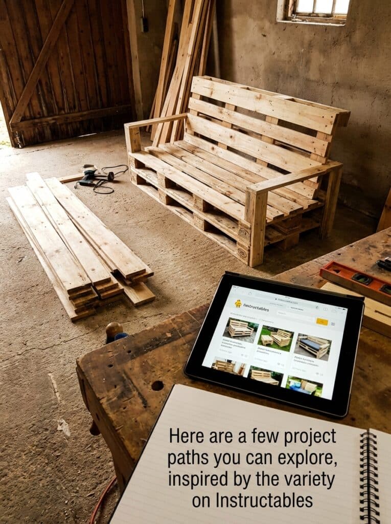 ai-photo-studio-1766941256866-1 DIY pallet bench project in a workshop with tablet showing Instructables website, promoting woodworking inspiration. | Sky Rye Design DIY pallet bench project in a workshop with tablet showing Instructables website, promoting woodworking inspiration.