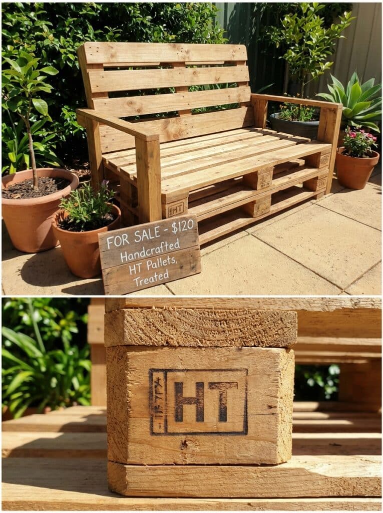 ai-photo-studio-1766941317844-1 Handcrafted wooden bench made from treated HT pallets, for sale at 0, displayed outdoors with potted plants. | Sky Rye Design Handcrafted wooden bench made from treated HT pallets, for sale at 0, displayed outdoors with potted plants.