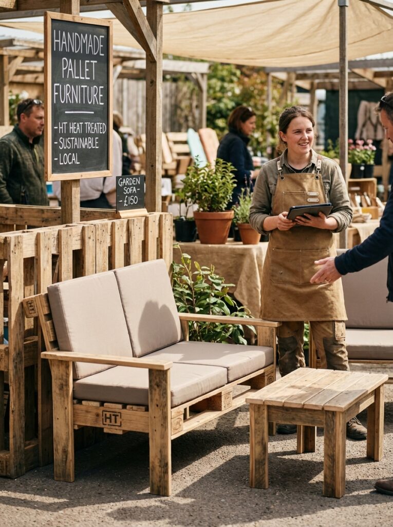 ai-photo-studio-1766941319656-2 Handmade pallet furniture display at an outdoor market with a vendor discussing sustainable options with a customer. | Sky Rye Design Handmade pallet furniture display at an outdoor market with a vendor discussing sustainable options with a customer.