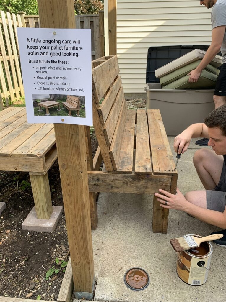 ai-photo-studio-1766941373941-1 Man maintaining pallet furniture with tools and stain; care guide sign posted nearby. | Sky Rye Design Man maintaining pallet furniture with tools and stain; care guide sign posted nearby.