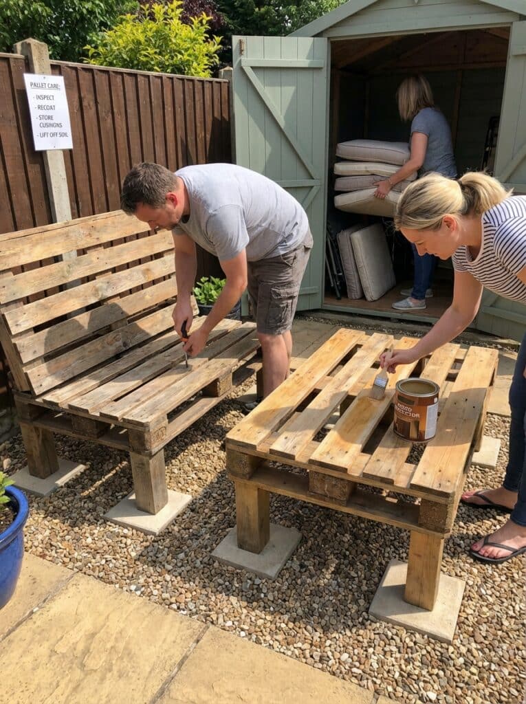 ai-photo-studio-1766941375092-2 People working on DIY outdoor furniture project with pallets, sanding and staining, next to a shed in a garden setting. | Sky Rye Design People working on DIY outdoor furniture project with pallets, sanding and staining, next to a shed in a garden setting.