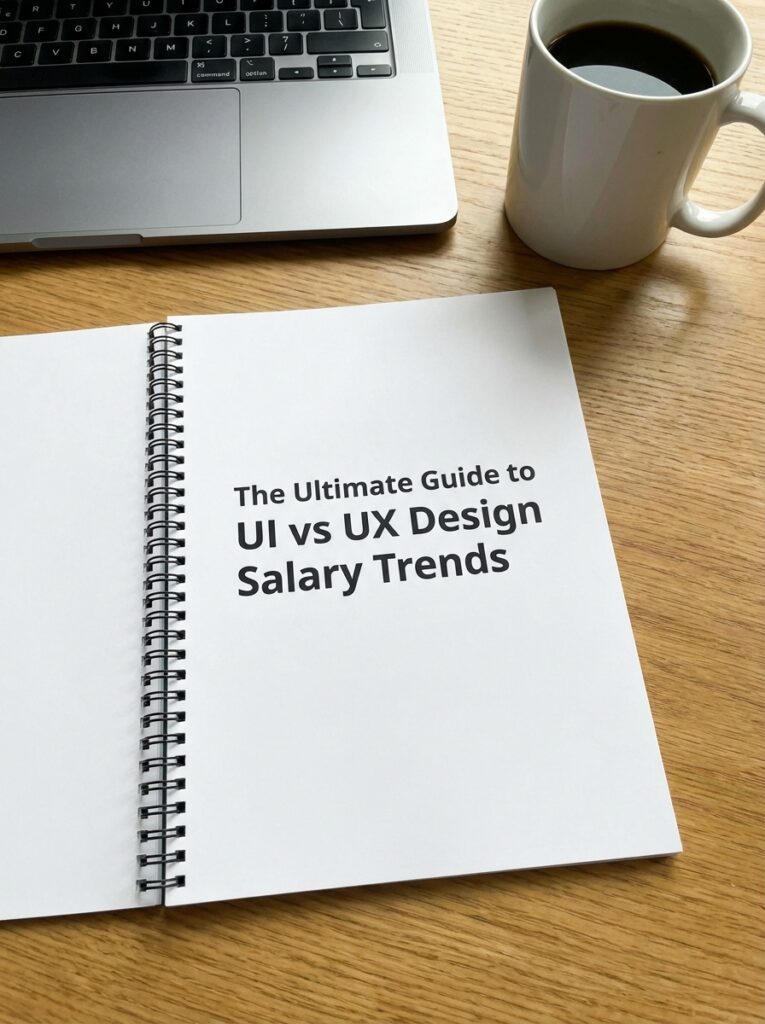 Open notebook on “UI vs UX Design Salary Trends” next to a laptop and coffee cup on a wooden desk.